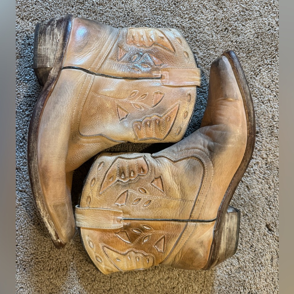 BED|STU Distressed Tan Leather Western Ankle Booties